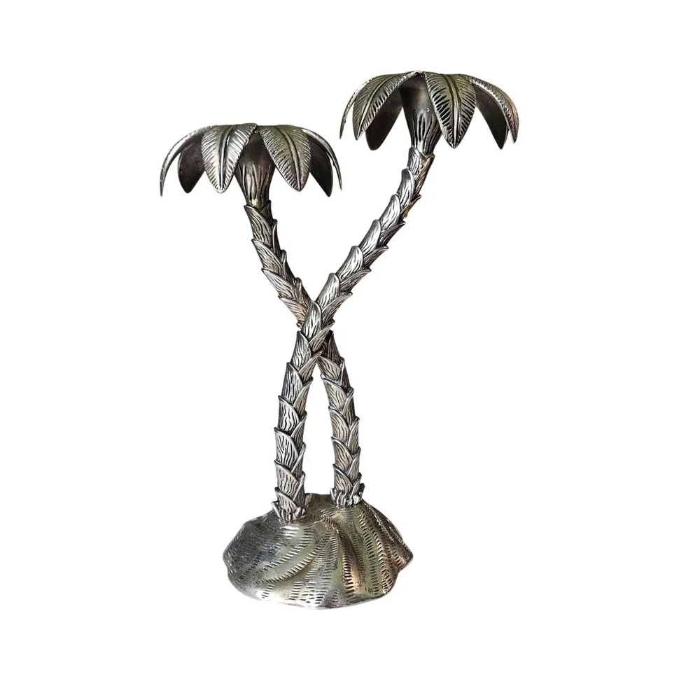 Vintage Silver‑Plated‎ Brass Palm Tree Candlestick Holder Tropical Decor
